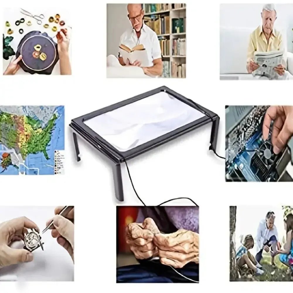 Loupe de lecture LED confortable avec triple grossissement pour une aide visuelle précise, mains libres.