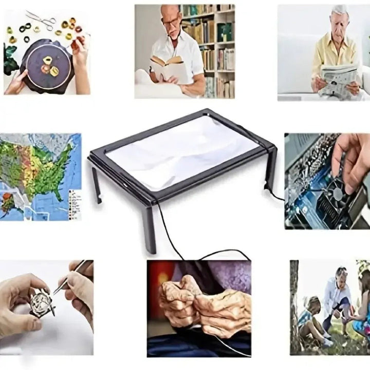 Loupe de lecture LED confortable avec triple grossissement pour une aide visuelle précise, mains libres.