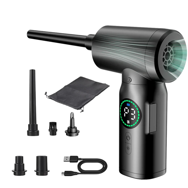 Aspirateur souffleur portable 2-en-1 sans fil avec LED, idéal nettoyage voiture et maison.