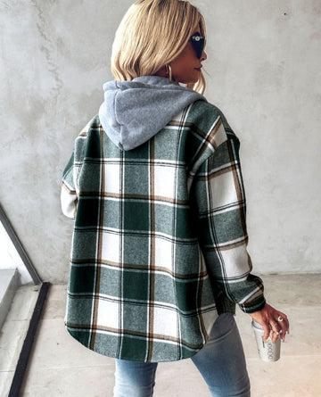 Veste à capuche femme à carreaux chic marron, vert ou gris, cordon ajustable, style automne décontracté.