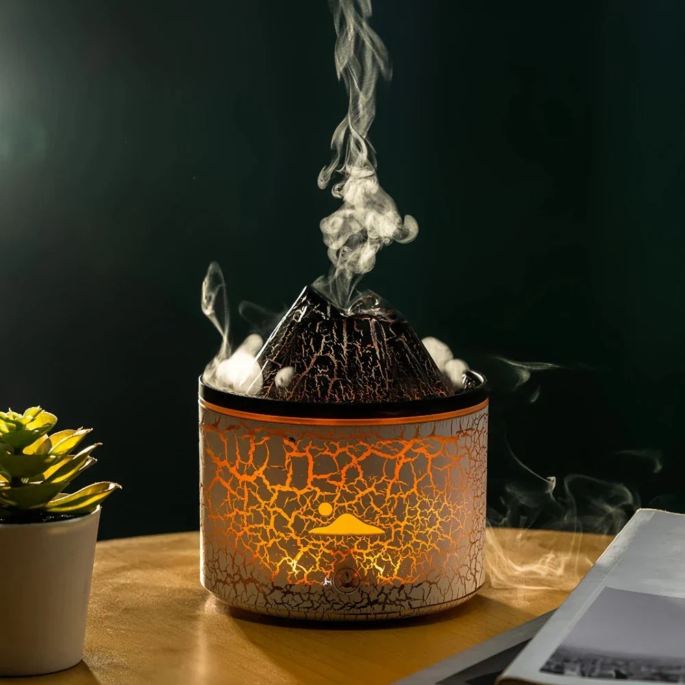 Diffuseur d'huiles essentielles en forme de volcan avec effets lumineux LED, parfait pour le bien-être.