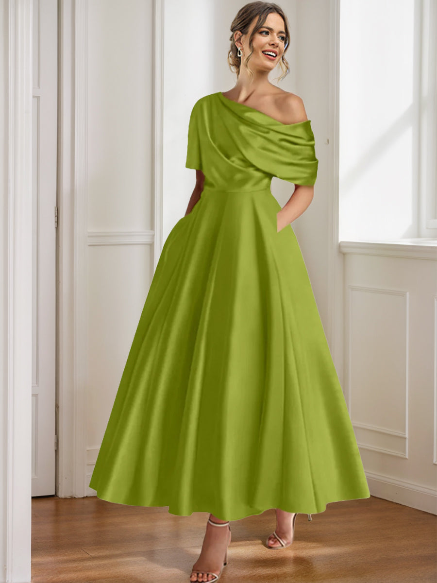 Robe de bal, épaule dénudée, volants, coupe A-line, longueur cheville, pour événement unique.