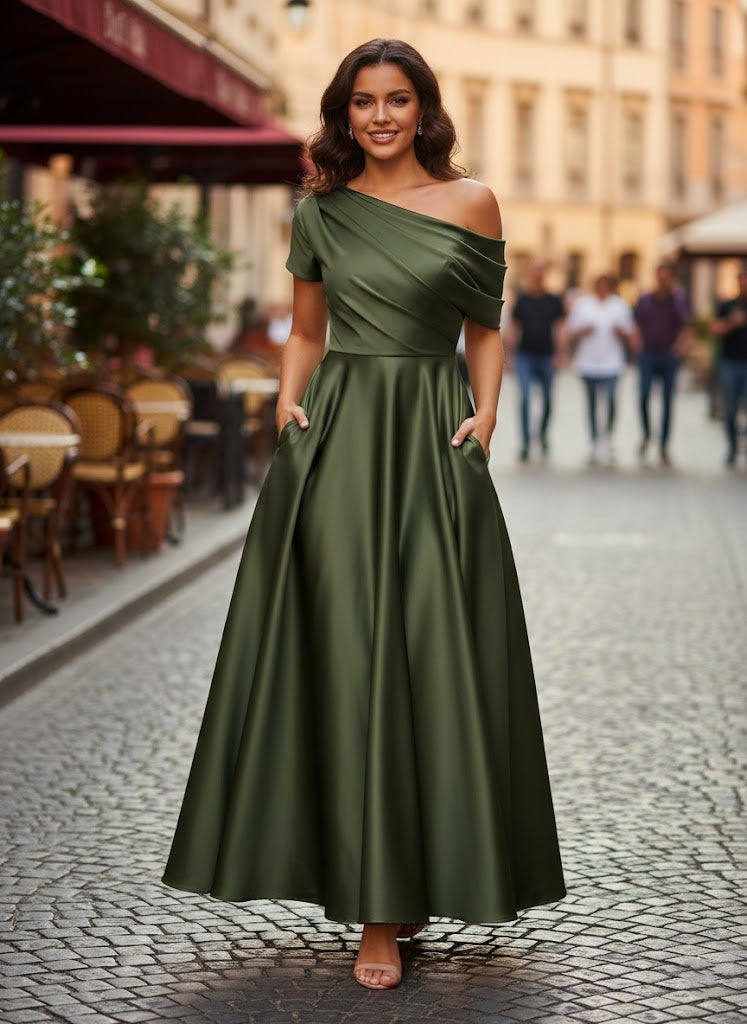 Robe de bal A-line pour femme, design épaule dénudée, volants, longueur cheville moderne.