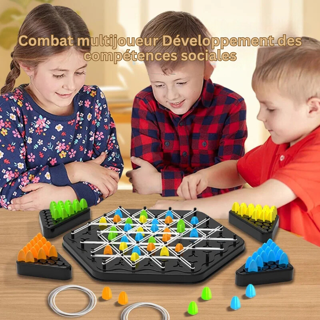 Famille joyeuse jouant à MindMatrix, jeu de plateau stratégique stimulant la logique pour enfants et adultes.