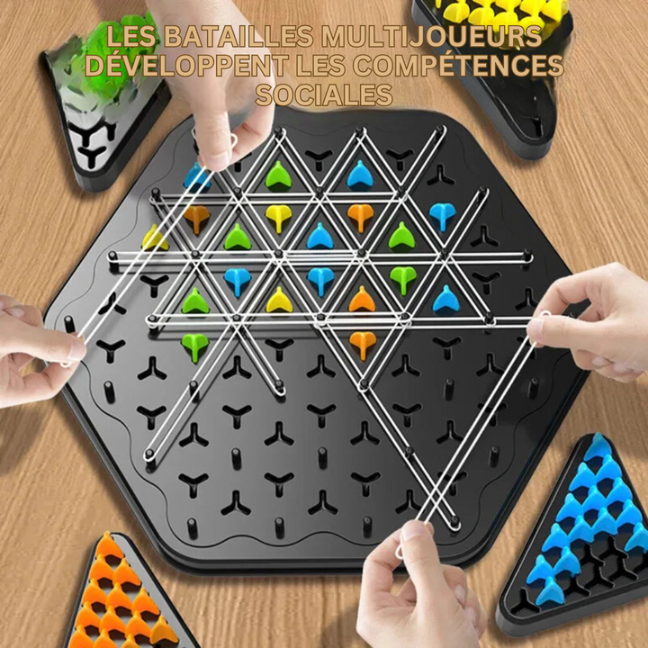 Détail du plateau de jeu et des pions colorés de MindMatrix, le jeu de société de stratégie pour tous les âges.