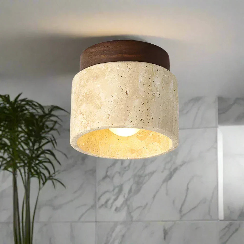 Lampe plafond Japandi crème, design minimaliste. Détails bois/marbre. Idéale éclairage intérieur zen.
