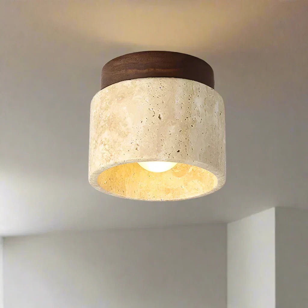 Éclairage plafond minimaliste crème, ambiance Japandi sereine. Parfait pour salon ou chambre zen. Lumière douce.