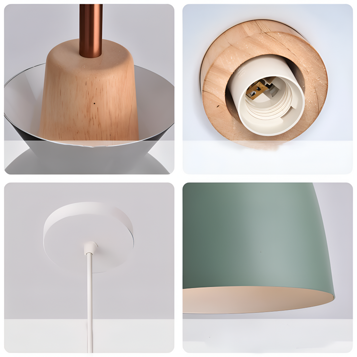 Lampe suspendue design pour cuisine, forme dôme macaron et couleurs vives.