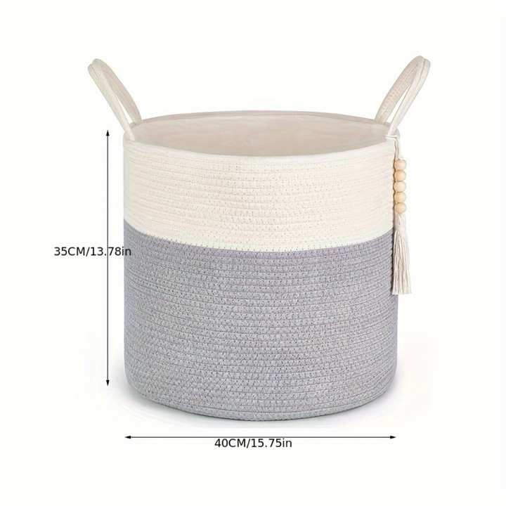 Magnifique panier macramé bohème en coton pour rangement de couvertures, coussins ou magazines.