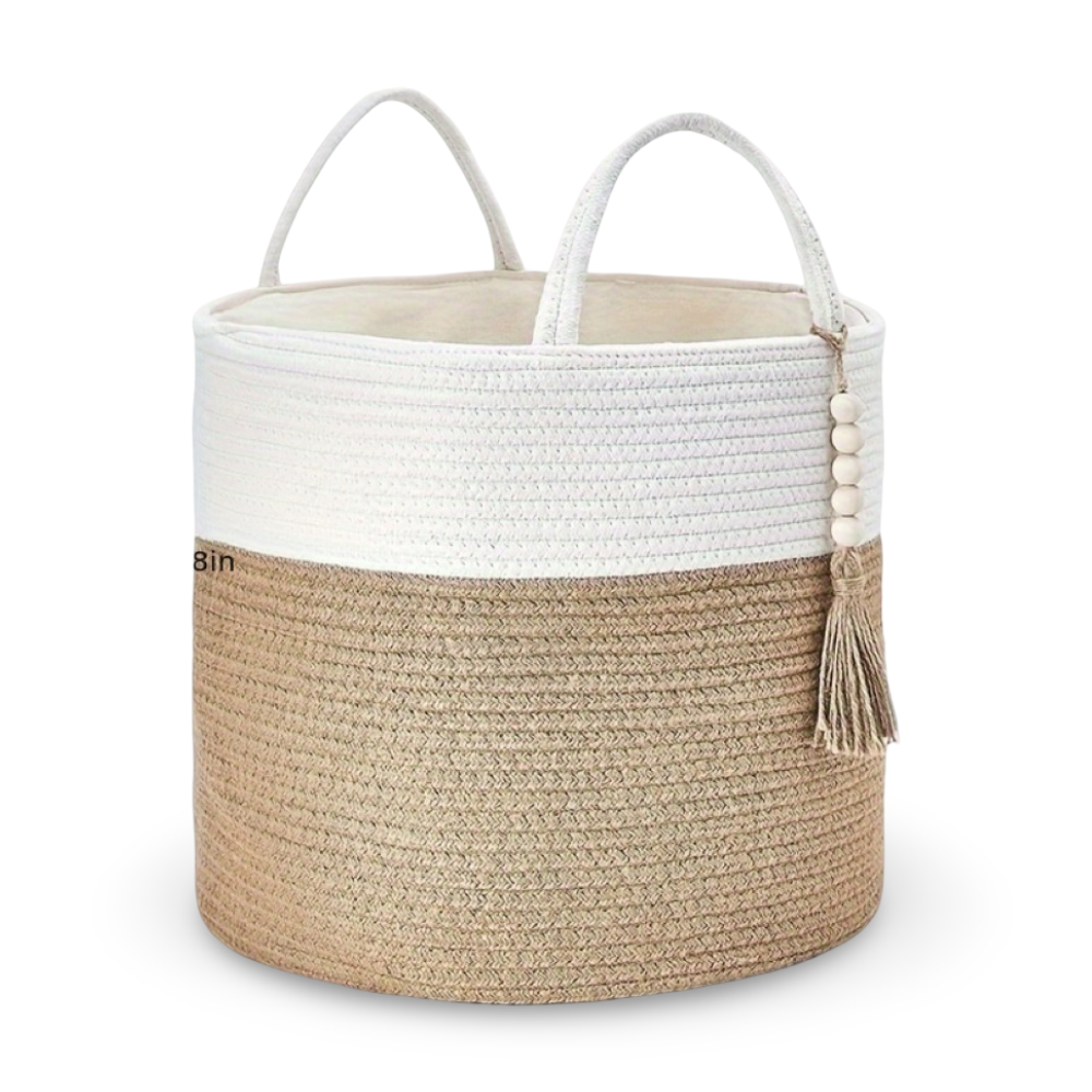 Panier de rangement chic en macramé de coton, motif bohème, pour une décoration et organisation harmonieuse.