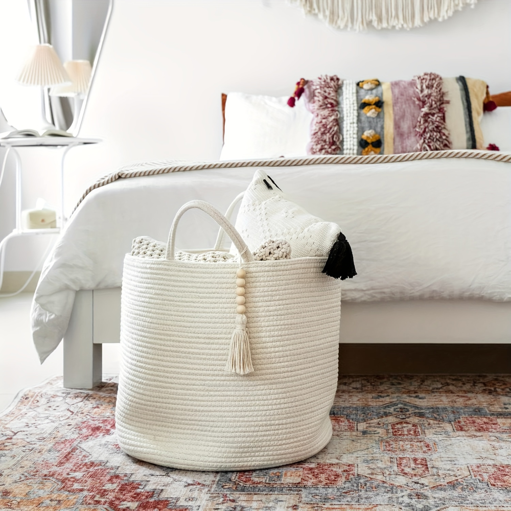 Élégant panier de rangement en macramé de coton, design bohème, idéal pour l'organisation de votre espace.