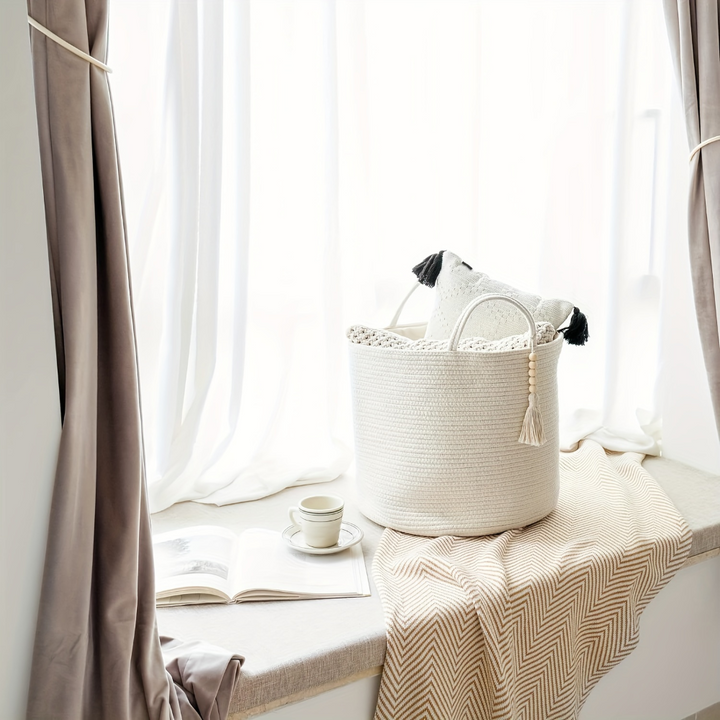 Panier de rangement en macramé de coton, motif bohème, parfait pour organiser et décorer la maison.