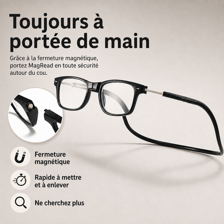Clip magnétique pratique pour ces lunettes de lecture, faciles à mettre et à enlever d'une seule main.