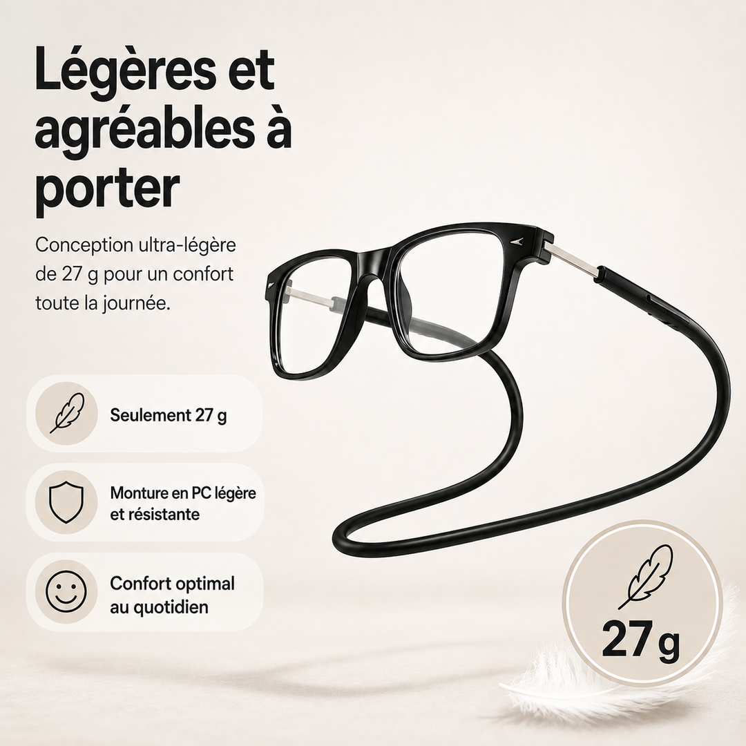 Lunettes de lecture magnétiques toujours à portée de main, se clipsent autour du cou pour un accès facile.