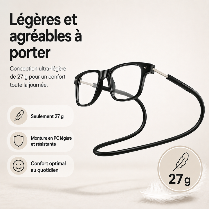 Lunettes de lecture magnétiques toujours à portée de main, se clipsent autour du cou pour un accès facile.