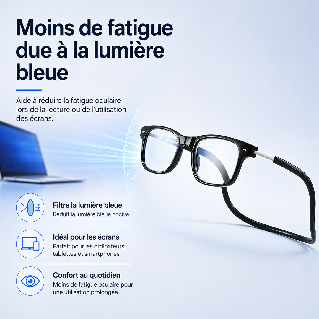 Monture légère et confortable pour ces lunettes de lecture magnétiques anti-lumière bleue, usage prolongé.