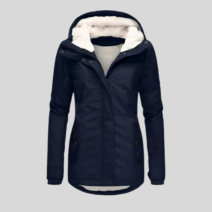 Manteau long femme élégant pour l'hiver, imperméable et chaud, avec capuche. Vêtement extérieur mode féminine.