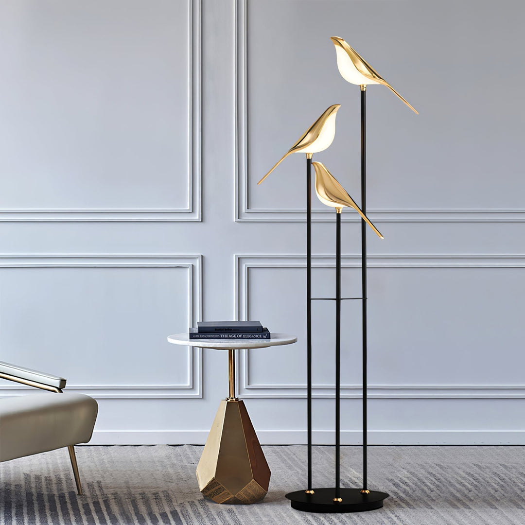 Lampe de sol LED minimaliste "Perchée de Pie", parfaite pour la décoration de salon contemporain.