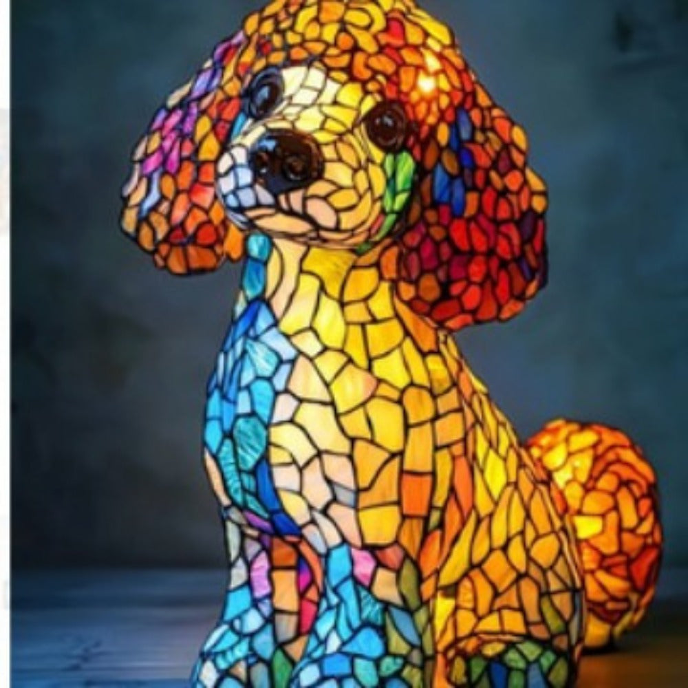 Luminaire LED caniche en résine, art animalier moderne pour salon ou terrasse. Lampe décorative élégante.