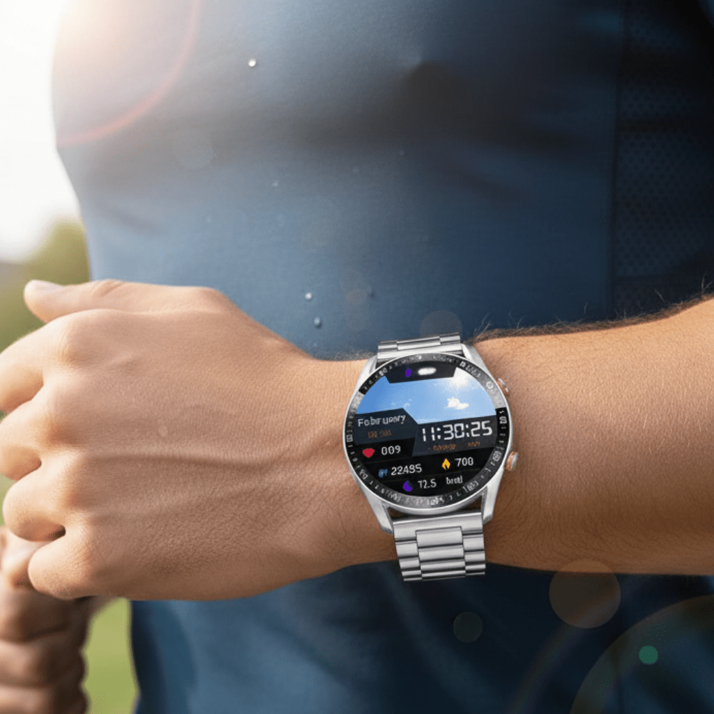 Montre connectée homme premium, design élégant, suivi santé cardiaque avancé (ECG/PPG) et appels Bluetooth.