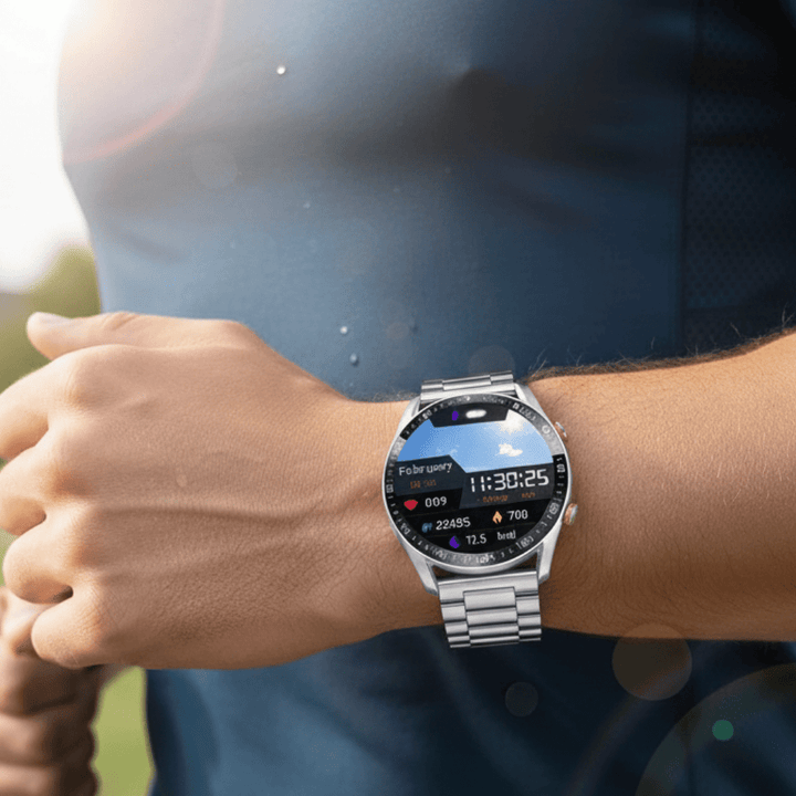 Montre connectée homme premium, design élégant, suivi santé cardiaque avancé (ECG/PPG) et appels Bluetooth.