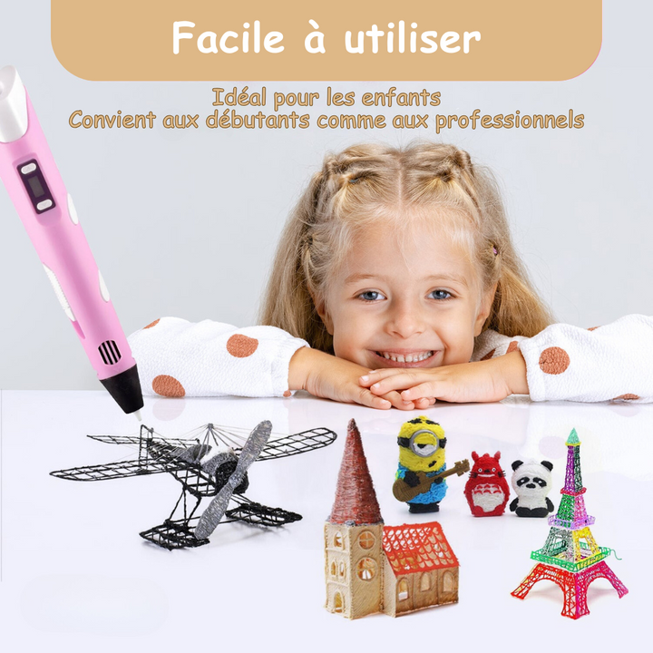 Jeu éducatif Stylo 3D enfant, stimule la créativité et le dessin 3D. Activité manuelle sans écran.