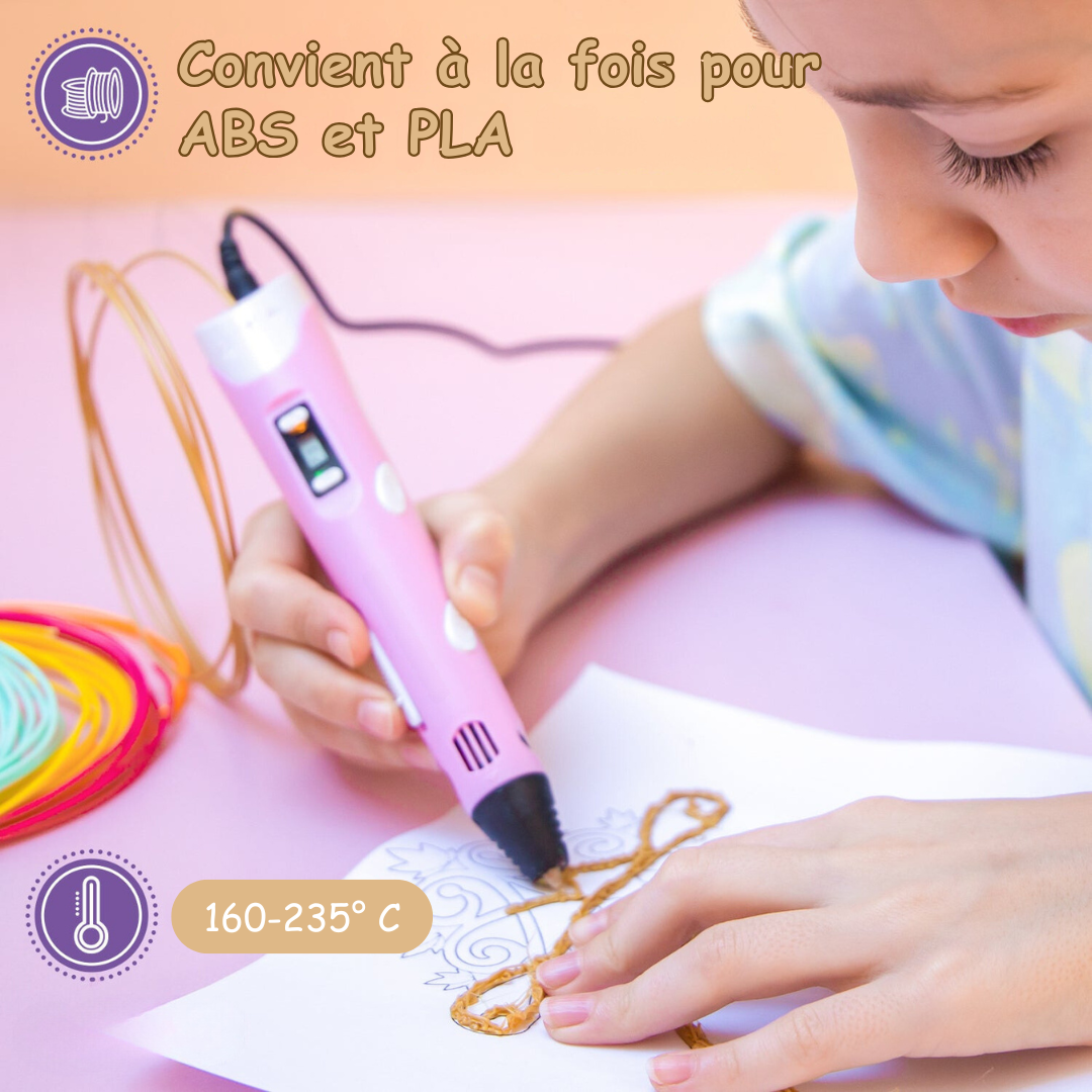 Kit de création Stylo 3D enfant pour dessiner en 3D avec filament ABS/PLA. Cadeau idéal loisir créatif.