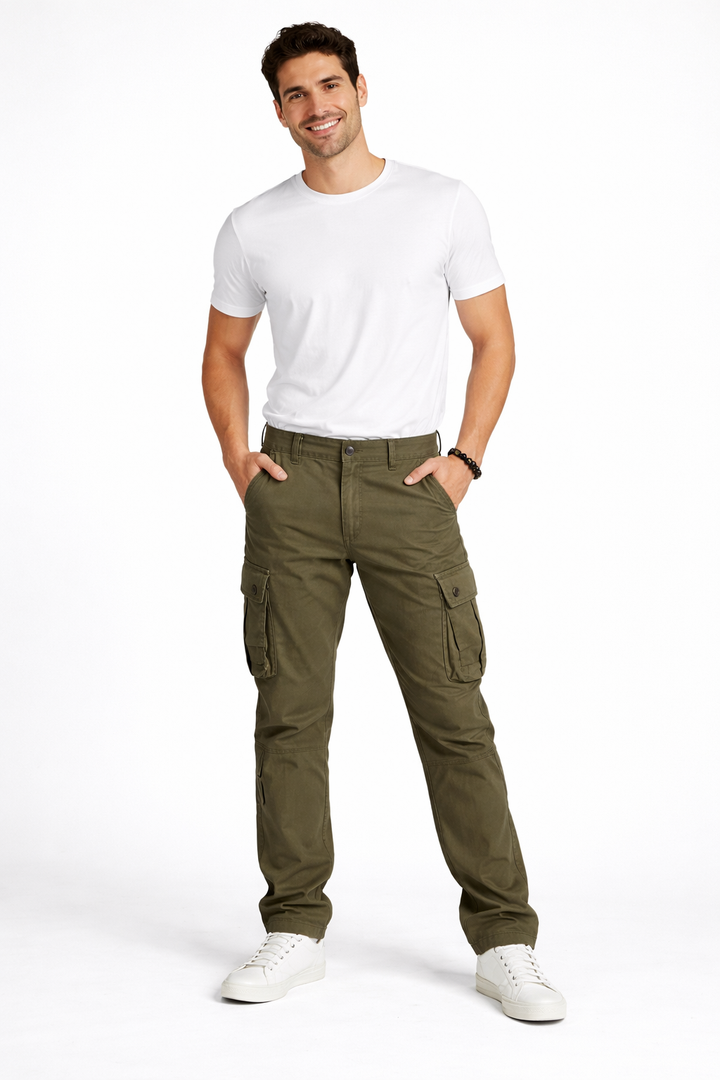 Pantalon cargo homme kaki résistant avec poches latérales pratiques. Style workwear durable, idéal pour toutes saisons.
