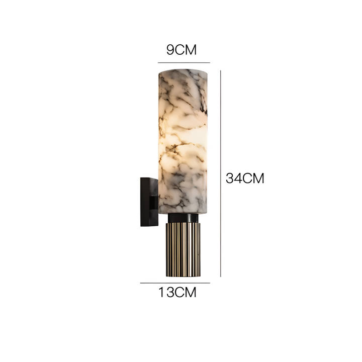 Applique LED marbre cylindrique, lumière chaude pour salon, design moderne et raffiné.