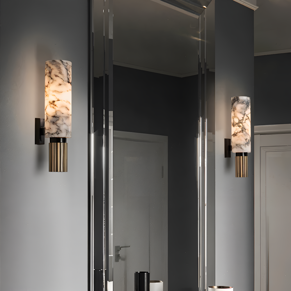 Décoration murale luxe: applique LED cylindrique en marbre, lumière douce pour une élégance chic.