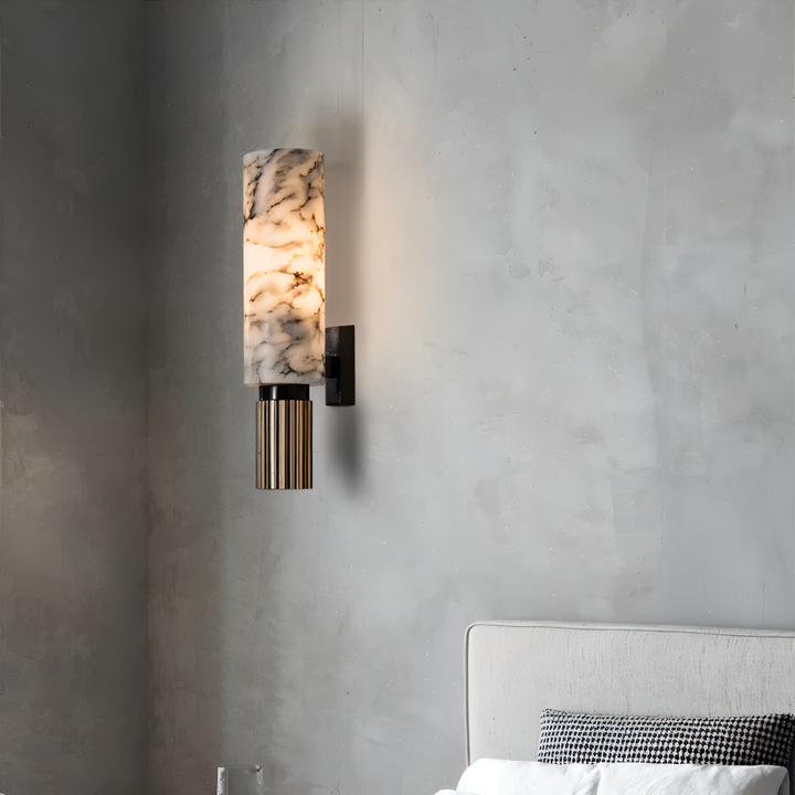 Design moderne: applique murale LED cylindrique marbre, lumière chaude et décorative pour chambre.