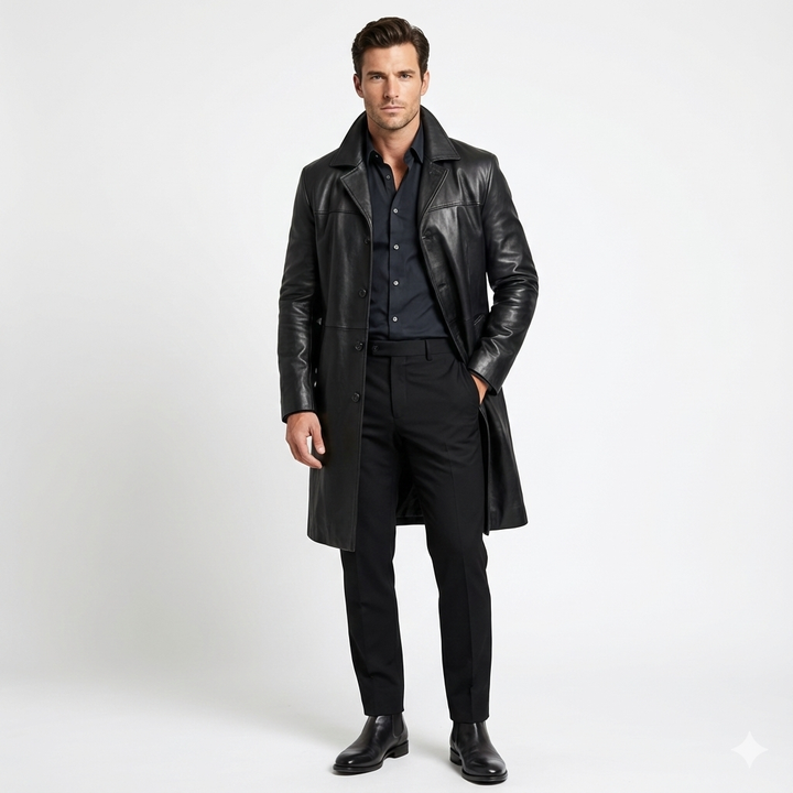 Trench homme long habillé ou décontracté, élégant et moderne, parfait pour hiver et automne, mode masculine.