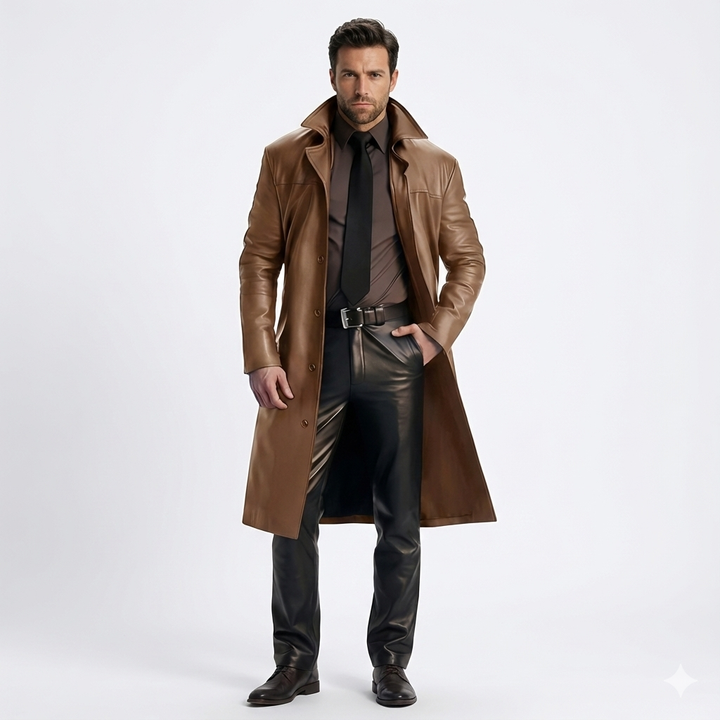 Manteau homme long style trench classique avec touche moderne, vêtement extérieur élégant pour toute occasion.
