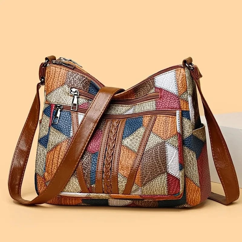 Sac à main femme en cuir mosaïque marron, style unique et élégant pour accessoire de mode.
