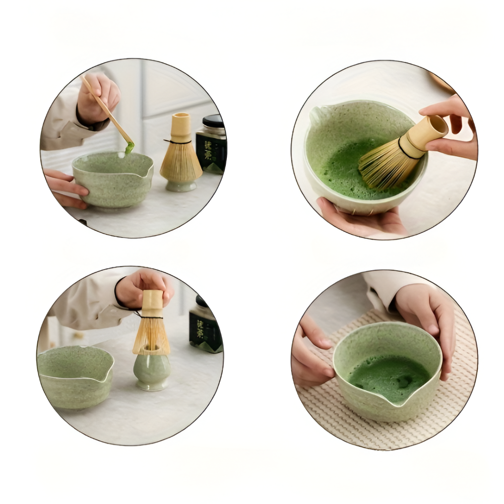 Set de thé matcha japonais avec bol artisanal, fouet en bambou et accessoires.