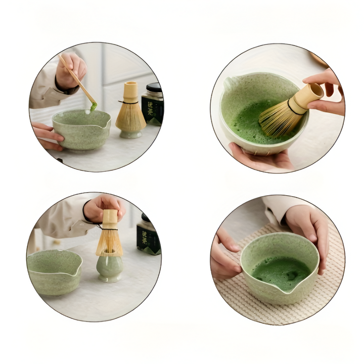 Set de thé matcha japonais avec bol artisanal, fouet en bambou et accessoires.