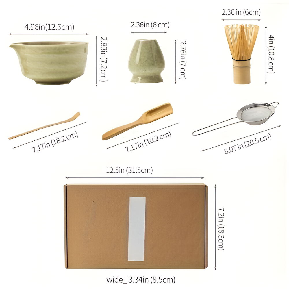 Cérémonie matcha: set avec bol en céramique, fouet bambou, support et cuillère.