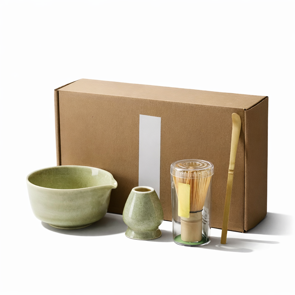 Kit ustensiles matcha: fouet chasen, cuillère bambou, bol céramique pour thé vert.