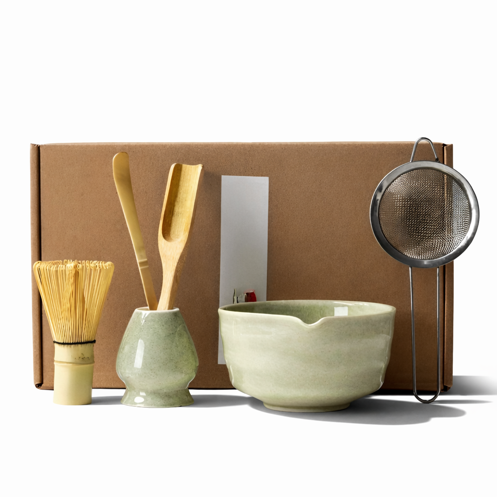 Coffret complet pour préparation matcha: bol, fouet en bambou, cuillère et support.