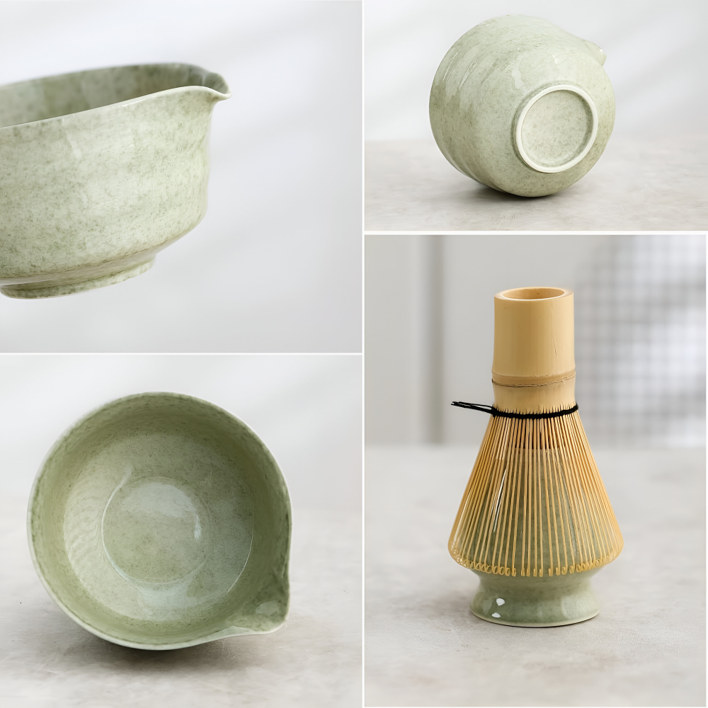 Coffret cadeau matcha: bol céramique, fouet chasen, support, cuillère en bambou.