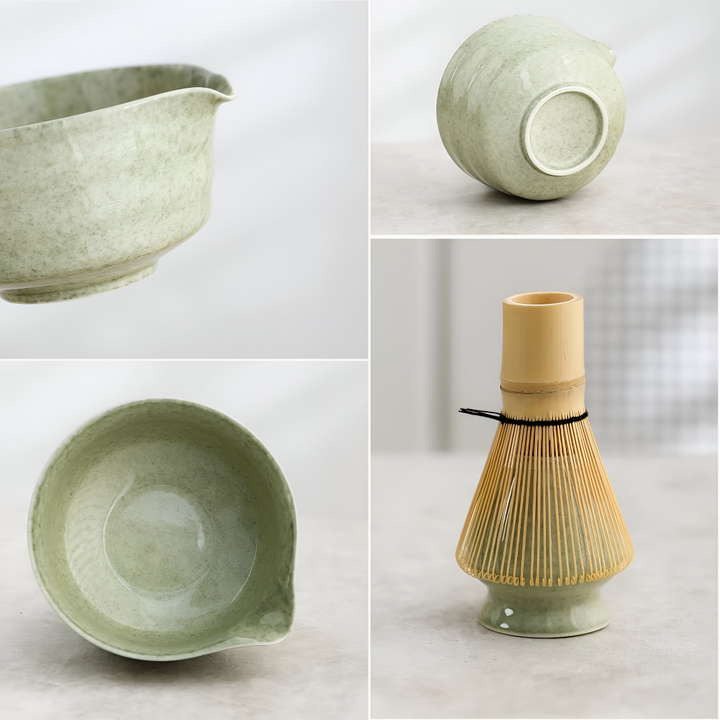 Coffret cadeau matcha: bol céramique, fouet chasen, support, cuillère en bambou.