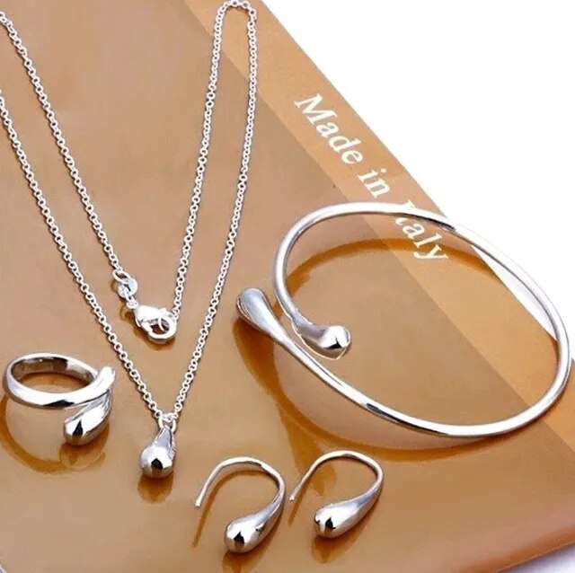 Ensemble de bijoux femme en argent S925, design goutte d'eau: collier, bracelet, bague, boucles d'oreilles.