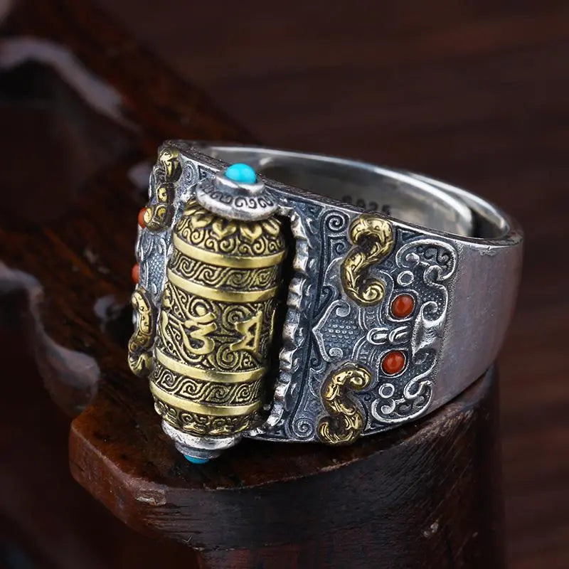 Bague porte-bonheur unisexe en argent géométrique, rotative pour soulager le stress. Bijou original et ajustable.