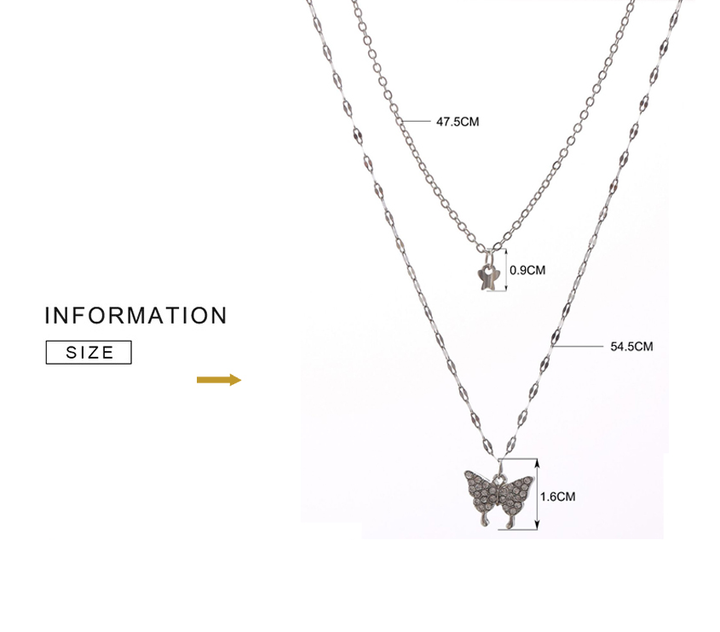 Collier chic femme papillon zircon. Bijou élégant en argent, double chaîne fine, accessoire de mode intemporel.