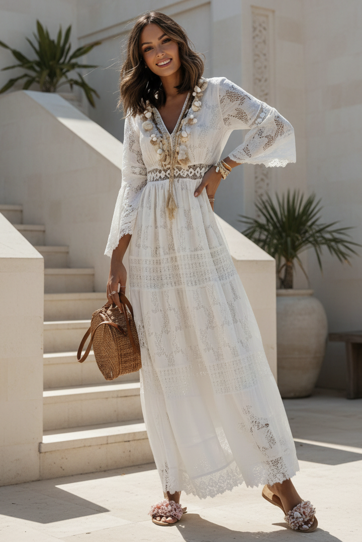 Robe maxi bohème blanche femme, col V, manches évasées. Idéale pour l'été et les occasions élégantes.