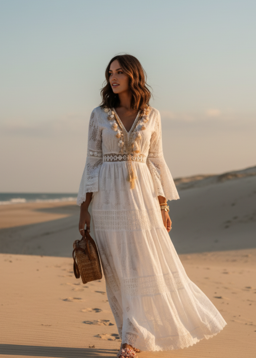 Robe longue blanche femme, style bohème chic. Détails: col V flatteur, manches évasées. Parfaite pour l'été.