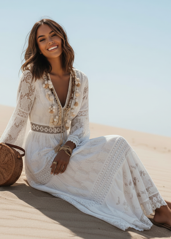 Maxi robe blanche élégante femme. Manches évasées et col V, idéale pour l'été, les mariages ou soirées bohèmes.