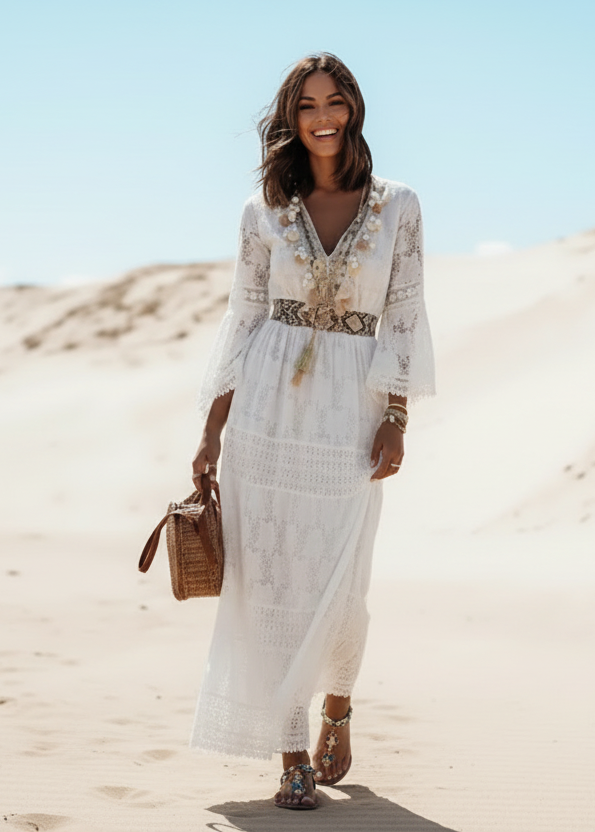 Robe fluide blanche pour femme, style bohème. Parfaite pour une allure décontractée chic ou festive en été.