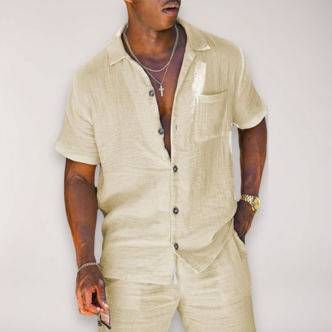 Tenue d'été homme rose 2 pièces, style décontracté avec short, parfaite pour un look casual et frais.