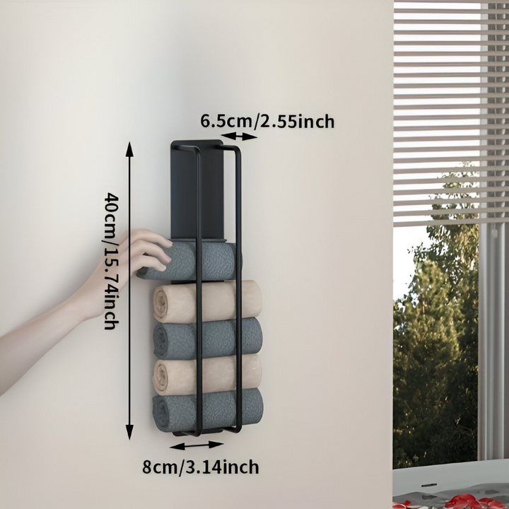 Détail du porte-serviettes mural double en métal. Finition robuste et design contemporain pour la salle de bain.